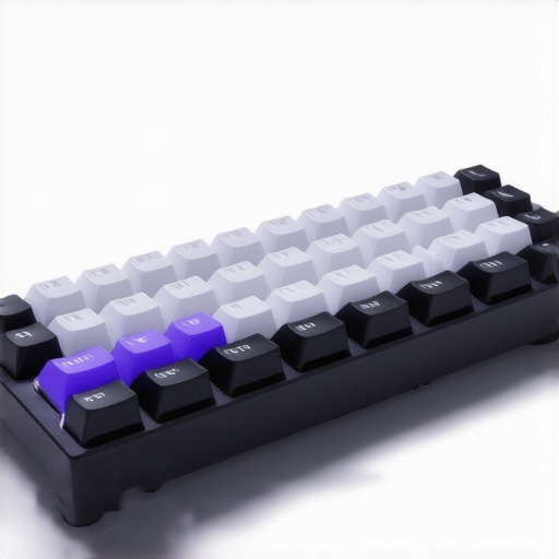 A detailed image of a modern ergonomic mechanical keyboard with split layout and adjustable tenting for comfort