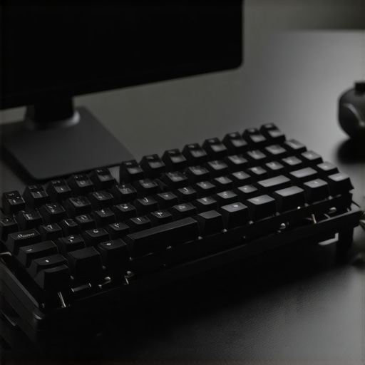 Futuristic modular mechanical keyboard featuring adaptive switches, AI integration, and ergonomic sensors in a sleek office environment.