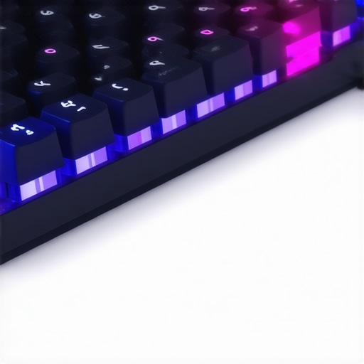 High-tech ergonomic mechanical keyboard with biometric sensors and AI features in a modern workspace
