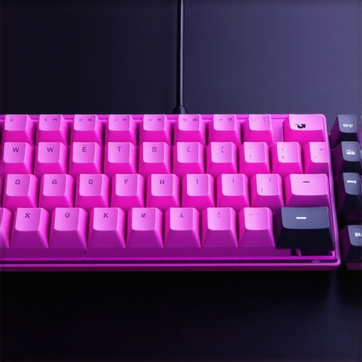 Close-up of a silent mechanical keyboard showcasing hot-swappable switches in a modern ergonomic office