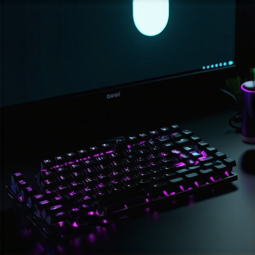 A professional ergonomic workstation featuring a customizable mechanical keyboard and tuning software interface.