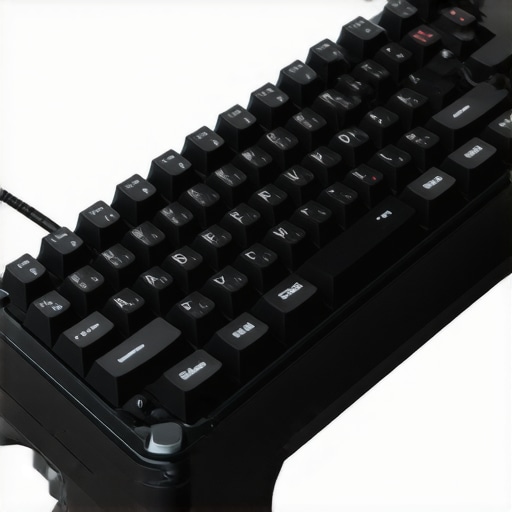 Futuristic ergonomic keyboard incorporating biometric sensors and adaptive features in a modern workspace
