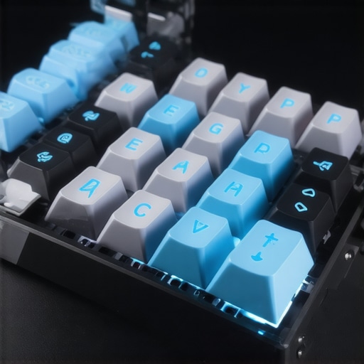 Detailed image of a mechanical keyboard switch with internal damping chambers and nano-coating layers for noise and wear reduction.