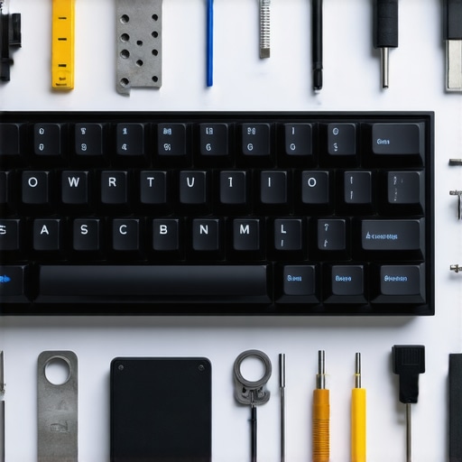 Close-up of a mechanical keyboard with removable silent switches and modular components.