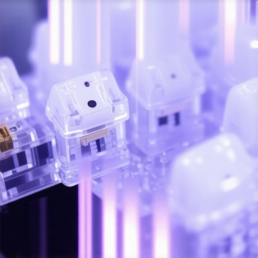 Close-up view of a low profile keyboard switch with damping components showing advanced noise-reduction materials.