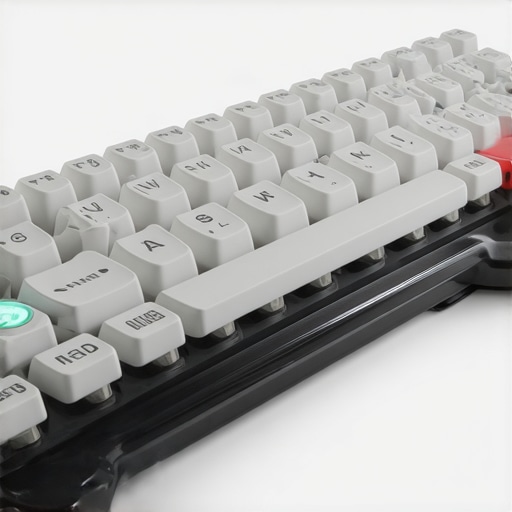A conceptual image of a high-tech ergonomic mechanical keyboard with integrated biometric sensors and adaptive, durable materials.
