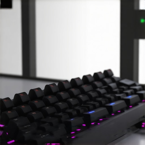 Futuristic ergonomic mechanical keyboard showcasing adaptive technology and biometric sensors in a sleek office environment.