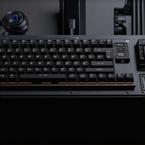 A modern workspace featuring a modular silent mechanical keyboard with AI software interface and acoustic management tools.
