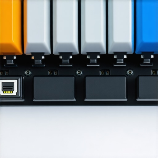 Close-up view of a high-tech ergonomic mechanical keyboard with biometric sensors and modular design.