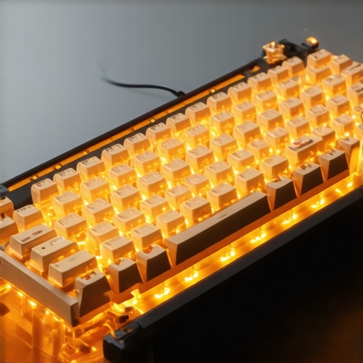 A conceptual illustration of an advanced low profile mechanical keyboard featuring biometric sensors, adaptive sound dampening, and customizable lighting.