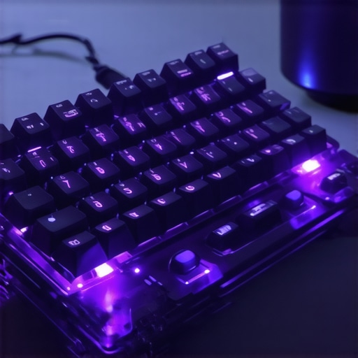 A high-tech ergonomic mechanical keyboard featuring embedded sensors and adaptive controls in a modern workspace
