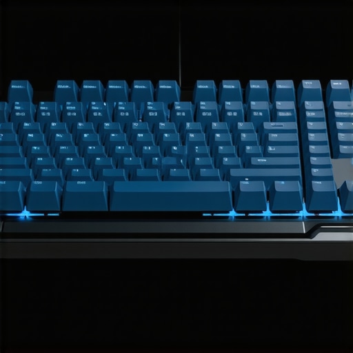 A sleek, modern ergonomic keyboard showcasing hybrid materials and silent switches in a futuristic setting