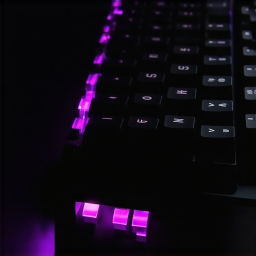 A sleek low-profile mechanical keyboard with silent switches and customizable keycaps in a professional setting.